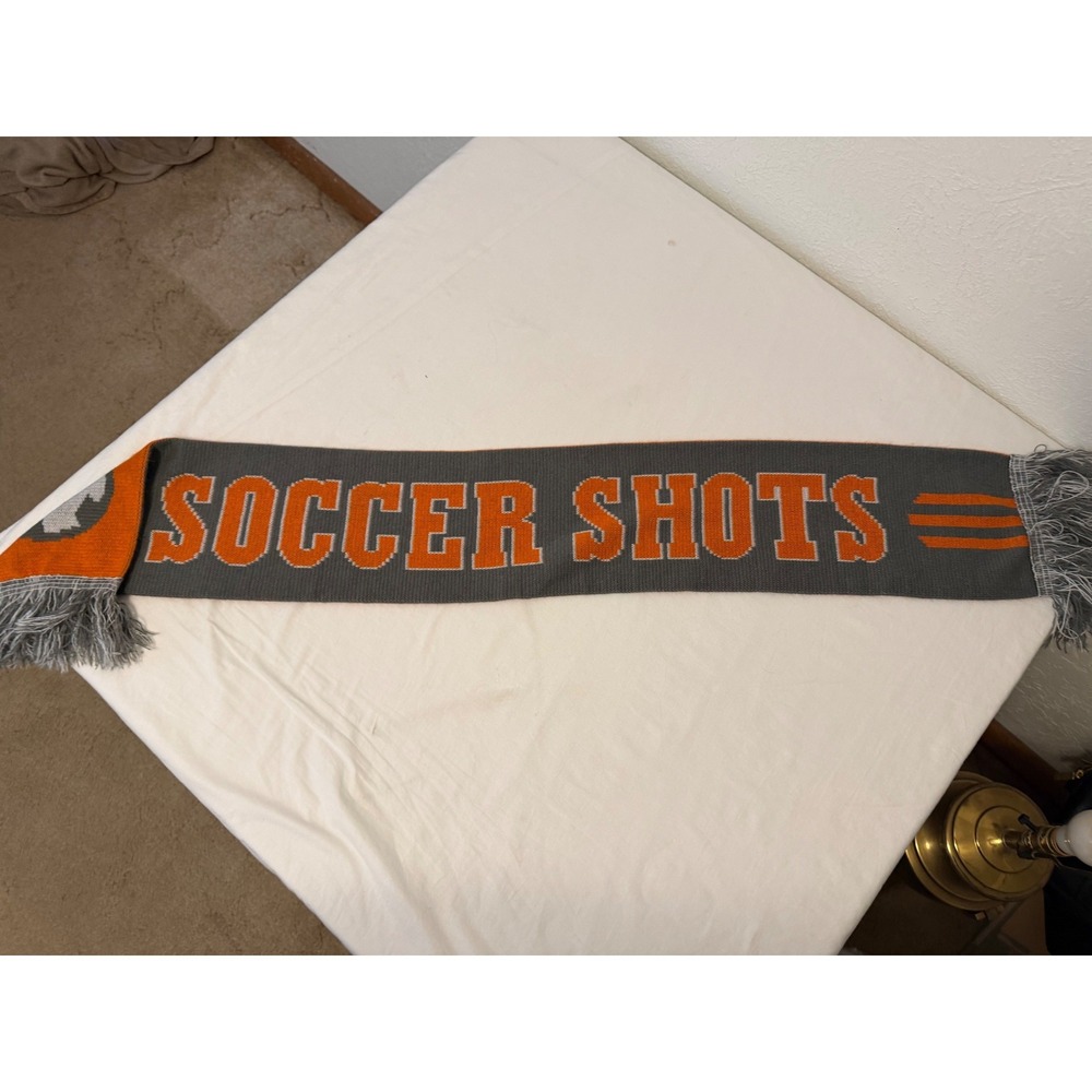 Soccer Shots Knit Scarf Orange Grey Fringed Sports Fan Gear Striped Graphic